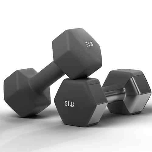 GRETERST Dumbbells Set Rubber Coated Hex Hand Weights Exercise & Fitness for Home Gym Workouts Strength Training Equipment, Grey, 5LB