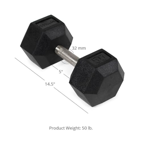 Titan Fitness 50 LB Pair Free Weights, Black Rubber Coated Hex Dumbbell, Straight Stainless Steel Handle, Strength Training, Full Body Workout