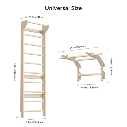 Swedish ladder wall gym adult & Pull Up Bar Gymnastics Bar – Ultimate Wall Bars for Exercise with Adjustable Dip Bar Attachment,Moves wall bars, Wood Stall Bars for Home, Calisthenics, Physical Therapy and Kids Training