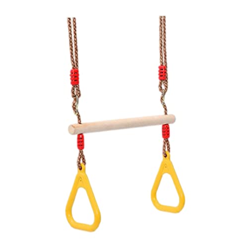 Trapeze Swing Bar Wooden Hanging Hoop Gymnastic Swing Rings with Adjustable Straps Yellow Trapeze for Kids
