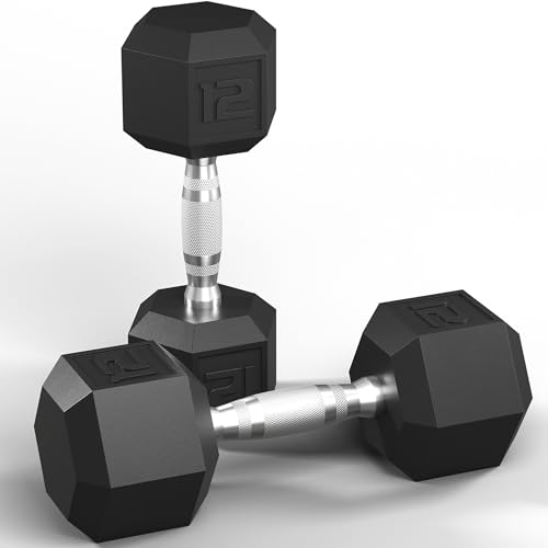 GRETERST Dumbbells Set Rubber Coated Hex Hand Weights Exercise & Fitness for Home Gym Workouts Strength Training Equipment, Black, 12LB
