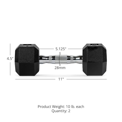 Titan Fitness Pair Rubber Coated Hex Dumbbells, Roll-Resistant Hexagonal Free Weights, Chrome-Coated Handles with Knurling, Strength Training Equipment - style: 10 lb, Pair