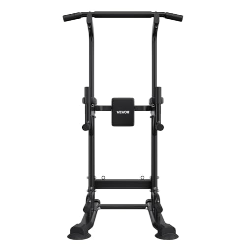 VEVOR Pull Up Bar, 330 LBS Power Tower Dip Station, Workout Dip Station with H-Shaped Stable Base & Back Pad, Adjustable 12 Level Height Free Standing Chin Up Bar for Back, 4-Level Adjustable Back Pad