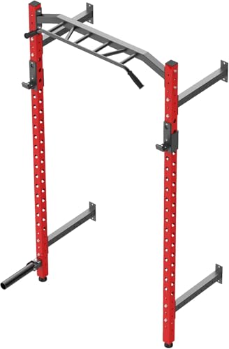 Wall Mounted Power Rack, Heavy Duty Power Rack for Home Gym, Multi-Grip Pull Up Bar with J-Hooks & Landmine Attachment, Space-Saving Wall-Mount Strength Rack for Garage Gym