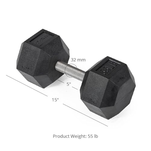 Titan Fitness 55 LB Pair Free Weights, Black Rubber Coated Hex Dumbbell, Straight Stainless Steel Handle, Strength Training, Full Body Workout