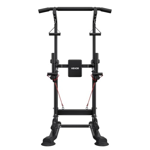 VEVOR Pull Up Bar, 330 LBS Power Tower Dip Station, Workout Dip Station with H-Shaped Stable Base & Back Pad, Adjustable 12 Level Height Free Standing Chin Up Bar for Back, 4-Level Adjustable Back Pad