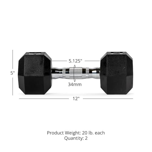 Titan Fitness Pair Rubber Coated Hex Dumbbells, Roll-Resistant Hexagonal Free Weights, Chrome-Coated Handles with Knurling, Strength Training Equipment - style: 20 lb, Pair