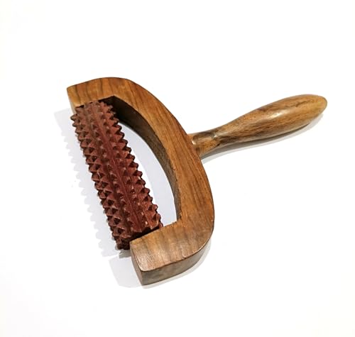 Wooden Roller Massager with Handle, Spiked Acupressure Roller, Natural Wood, Body Massage Tool