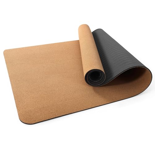 Premium Cork Yoga Mat 1/4 & 2/5 Inch Thick 72 x 26 in, Thick Cork and TPE Non Slip Yoga Mats for Women Men, Sweat Proof Eco-friendly, Great for Hot Yoga & Workouts