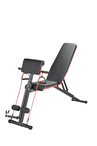 Mobiclinic®, Weight Training Bench with Resistance Straps, Foldable, with Wheels, Multifunction Bench Press, Adjustable, Tilt and Tilt, up to 120 kg, Planefit, Fitness at Home