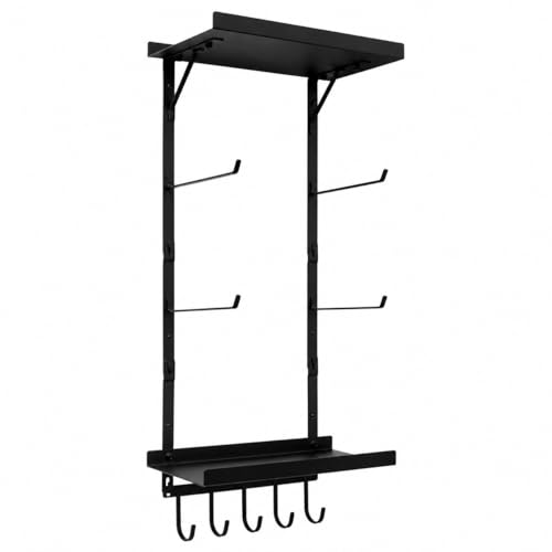 Yoga Mat Holder Wall Mount, Yoga Mats Rack with Double Floating Shelves, Yoga Accessory Storage Rack with 5 Hooks for Resistance Bands and Workout Equipment for Home Gym Storage, Black