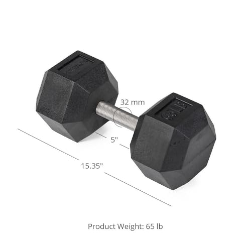 Titan Fitness 65 LB Pair Free Weights, Black Rubber Coated Hex Dumbbell, Straight Stainless Steel Handle, Strength Training, Full Body Workout