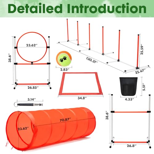 Dog Agility Course Backyard Set, Dog Agility Equipment, Pet obstacle Course Backyard with 6 Dual Mode Weave Poles, 2 Adjustable Hurdle, Jump Ring, Tunnel, Pause Box, Toy Balls and 2 Carrying Bags - size: 15 PCS SET
