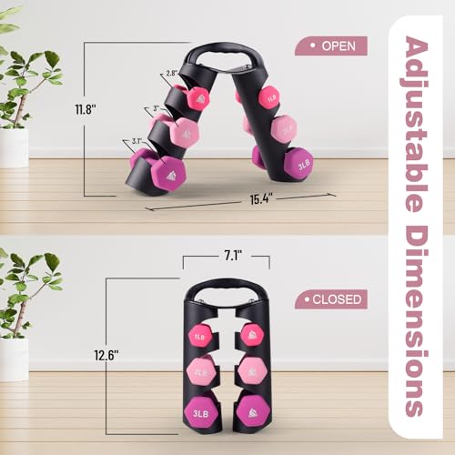 LIONSCOOL Set of 2 Neoprene Coated Dumbbell Hand Weights, Anti-Slip and Anti-Roll Hex Dumbbells in Pair for Strength Training, Resistance Training - style: 12lb, set of 6 with stand (Rosy Vigor)