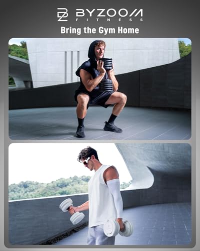 BYZOOM FITNESS Pure Series Adjustable Dumbbell - 12.5/25/27.5/50/55/75lb - ONE UNIT OR PAIR(check QTY before purchase) - 5-in-1/ 10-in-1 / 15-in-1 / 21-in-1 Flexible Hand Weights for Home Apartment Garage Gym, Strength Training & Fitness Workouts, White O