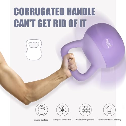 soges PVC One-Piece Kettlebell with Wide Handles, Strength Training Kettlebells 5lb to 35lb Optional for Women of Different Levels, Iron Sand Filled Soft Kettlebell - color: 15lbs - Purple