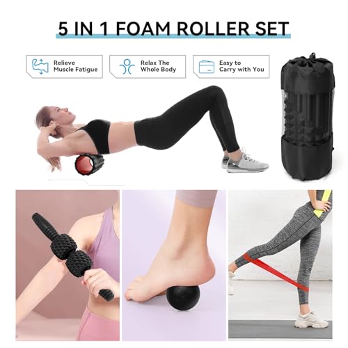5 in 1 Foam Roller Set, High Density Fitness Exercise Foam Roller for Deep Tissue Muscle Massage, Massage Roller, Massage Ball, Resistance Band, for Whole Body(Black) - color: Black