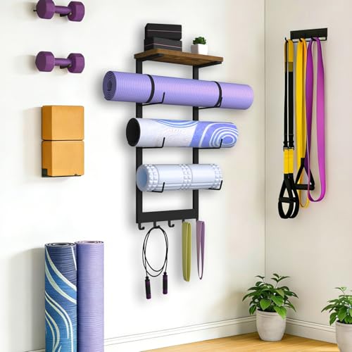 Yoga Mat Holder Wall Mount, Yoga Mats Storage Rack, Home Gym Wall Organizer Holder with Wood Floating Shelf and 5 Hooks, Storage Rack for Hanging Foam Roller/Band/Workout Equipment