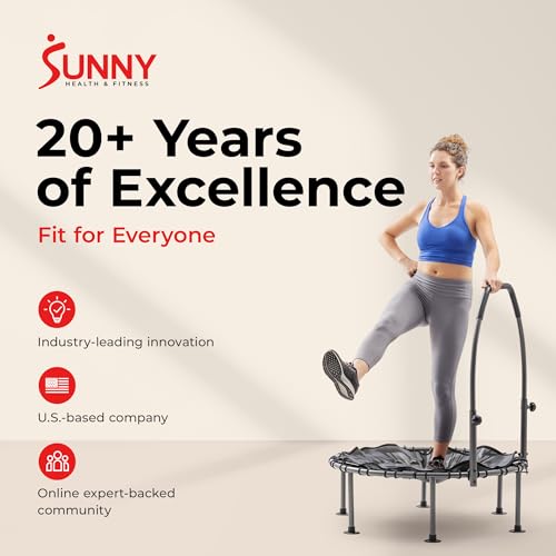 Sunny Health & Fitness 36”/40”/48” Bungee Exercise Trampoline for Adults with Adjustable Foam U-Shaped Handlebar – Home Indoor Cardio, Silent & Low Impact Bounce