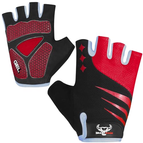 BEAST RAGE Half Finger Cycling Gloves for Men Women, Gel Padded Anti-Slip Shock Absorbing Weight Lifting Gym Gloves Cycle Mountain Bike Gloves for MTB, Biking, Hiking - color: Red