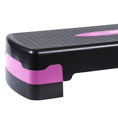 HolaHatha Compact Portable Aerobic Step Platform Exercise Fitness Equipment, Cardio Stepper with Adjustable Height for Home Gym - color: Black/Pink