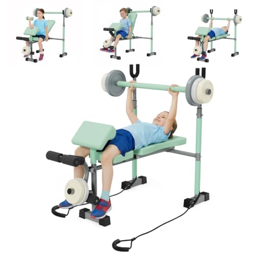 Kids Workout Equipment, Adjustable Kids Workout Bench with Preacher Pad & Leg Developer, Fillable Weight Plates for Home Gym Fitness & Exercise