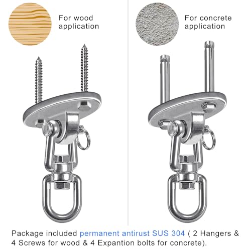 SELEWARE Ceiling Swing Mount Stainless Steel Swing Hangers Free Swivel Swing Hooks for Yoga Swing Indoor Outdoor Swing Set Porch Swing Chair Punching Heavy Bag 2000 lbs Capacity Each 2 Pack
