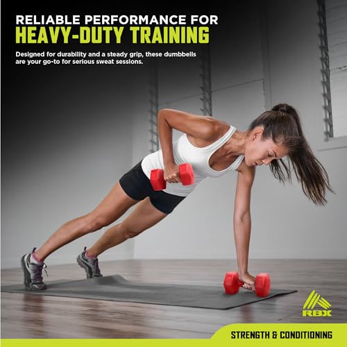 RBX Vinyl Coated Hand Weight Dumbbell Set - Hex Shaped, Roll Free for Body Building/Sculpting/Strength Training Exercise, (Set of 2) - color: Red, size: 5lb