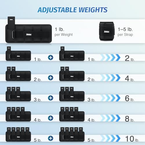 ZELUS Ultra Thin Adjustable Ankle Weights, 4/7/10 lb Fully Adjustable, Filled with Soft Iron for Slim Fit, Leg Weights for Women Men, Strength Weighted for Gym Home Yoga Walking Running Pilates - size: 1-5 lbs each (10 lbs pair)