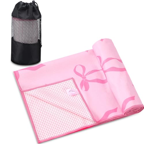 Pink Bow Yoga Mat Towel with Grip Dot Preppy Coquette Bow Non Slip Ultra Absorbent Soft Microfiber Towel Without Hot Yoga Mat 72 x 24 Inch for Pilates Fitness Gym Women Birthday Gifts