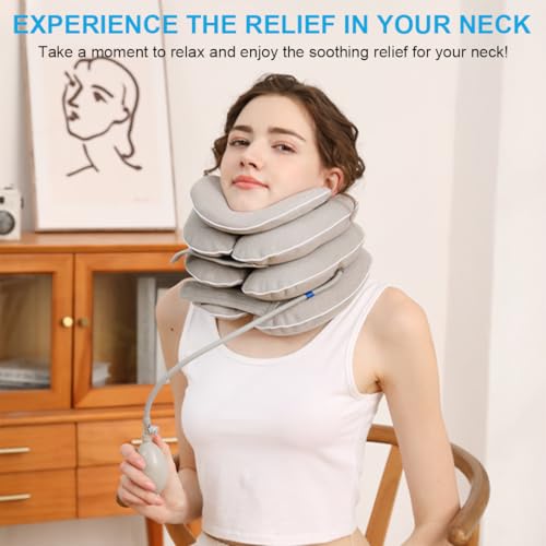 Neck Stretcher with Neck Brace,Cervical Traction Neck Device,Neck Relief Tool,Adjustable Inflatable Cervical Brace,Home Use Neck Decompression New Technology Breathable Fabric Washable&Colorfast(Gray) - color: Gray