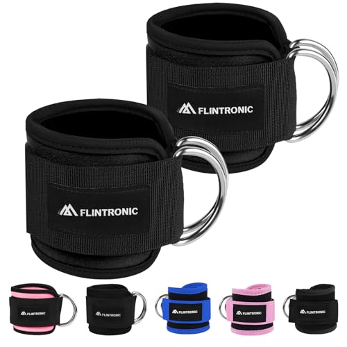 flintronic 2Pcs Ankle Straps for Cable Machine, Gym Cuffs with Double Stainless Steel D-Ring, Gym Ankle Cuff with Adjustable Neoprene Ve-lcro, Muscle Shaping for Men and Women - Black