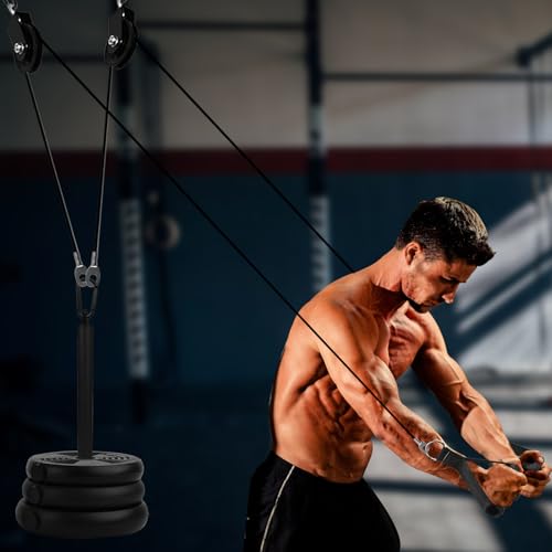 LFJ LAT Pull Down and Lift Weight Pulley System Cable Machine Pulley Attachment for Triceps Pull Down, Biceps Curl, Back, Forearm, Shoulder Home Gym Equipment - style: Set with Adjustable Bar