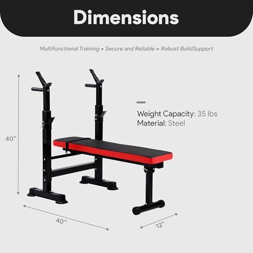 BalanceFrom Adjustable Folding Multifunctional Workout Station Adjustable Olympic Workout Bench with Squat Rack - color: Black/Red