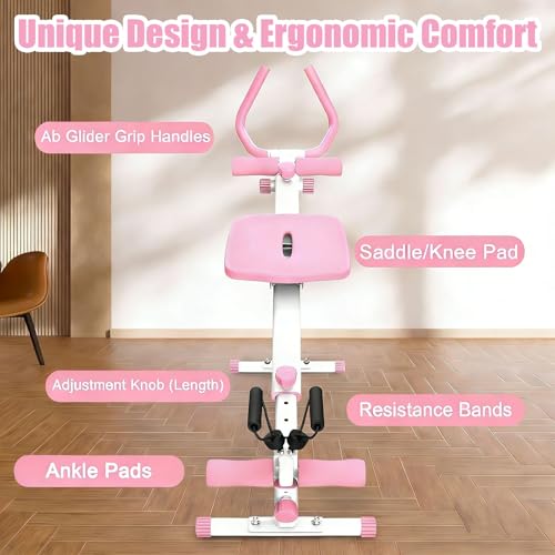 Ab Workout Equipment Abs Trainer, 4 in 1 Workout Machine with Ab Slider Roman Chair Rowing Leg Press, All in One Fitness Equipment for Home Gym Training - color: Pink