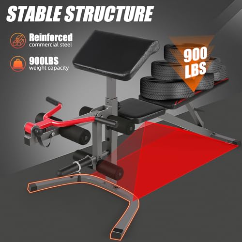 900LBS Adjustable Weight Bench with Preacher Curl Pad & Leg Extension, Flat Incline Decline Workout Bench for Home Gym, Heavy Duty Bench Press Set for Full Body Strength Training