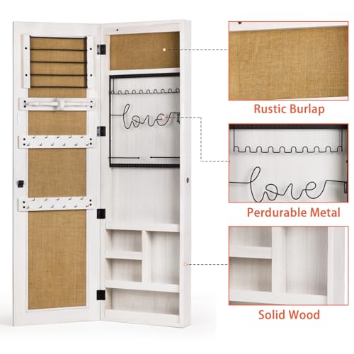 SRIWATANA Jewelry Armoire Cabinet, Solid Wood Jewelry Organizer with Full Length Mirror Wall/Door Mounted(Washed White) - color: Washed White