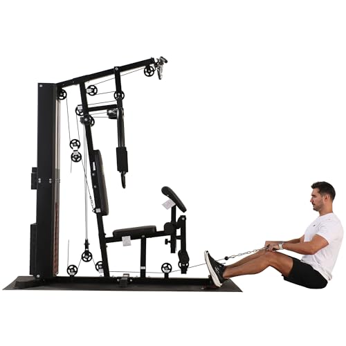 BalanceFrom Multifunctional Steel Frame Home Gym Machine with Floor Mat – Strength Training Workout Station with 160-Pound Weight Stack, LAT Pull & Low Row Bars, 4-Roll Leg Developer & Press