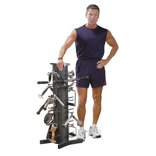 Body-Solid Vertical Gym Organizer Package with Lat and Curl Bar, Revolving Bars, Tricep Pressdown and Handles, Compact Storage Rack for 20 Handles & Straps, Home Accessories Organization - style: Rack w/ Accessories