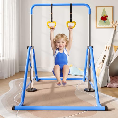 Expandable Gymnastics Bars 45''-61'' with Side Support Bars for Kids - color: Blue with rings