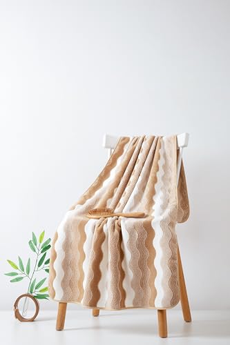 Microfiber Bath Towel 35x70in - Ultra Soft Quick Dry, Lightweight for Gym, Spa, Travel | Hotel Grade & Multi-Use| Single Pack - color: Khaki and White Stripe, size: 35*70 Inches