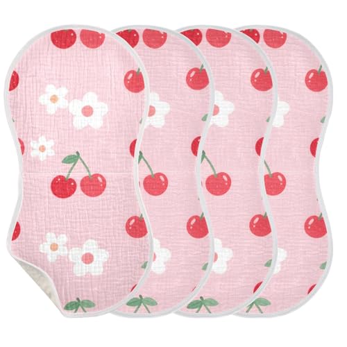 Pink Cherries Muslin Burp Cloths 2 Pack - Extra Large 22"x11", 4-Layer Soft Absorbent Cotton, Waterproof Backing, Baby Drool Rags for Newborn