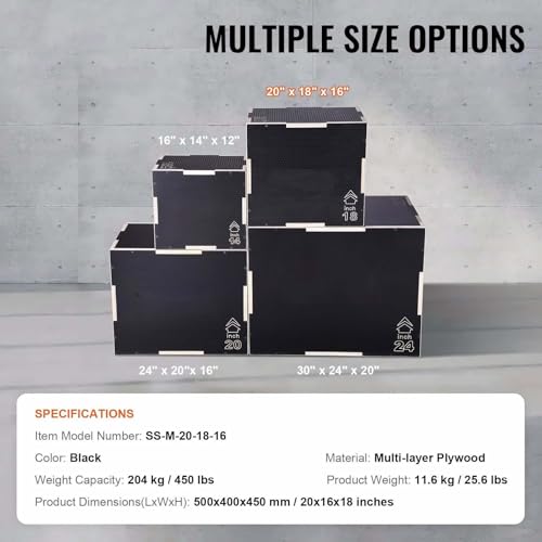 Plyometric Jump Box, 20/18/16 Inch Wooden Plyo Box, Agility Box for Home Gym