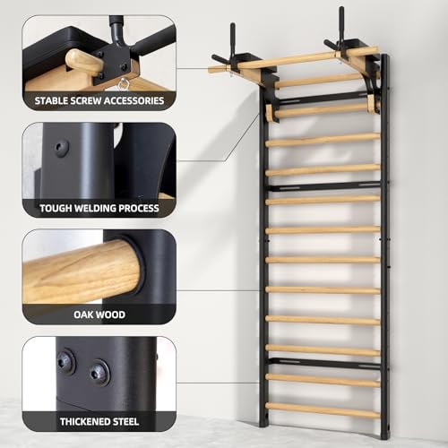 Swedish Ladder Pro, Wood Stall Bar with Push-Through Bar, Adjustable Pull-Up Dip Bar for Adults and Kids, Accessories Bundle, Spring, for Home, School, Physical Therapy and Gymnastics - size: 40"x90“x3"