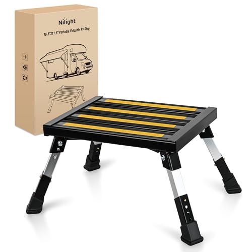 Nilight RV Steps Folding Aluminum Step Stool 16.5"x12" 4 Level Adjustable - color: Black, size: 16.5"x11.8"