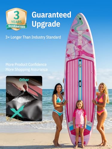 Niphean (Extra Large) Inflatable Paddle Board, SUP for 2+1 People/Family 500lbs Capacity Stand Up Paddle Board with SUP Accessories, StabilTrac Fin Non-Slip Paddleboard for Adults - color: Rose Red