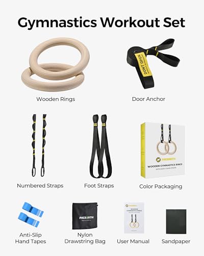 Gymnastics Rings 32mm Wooden Olympic Rings Support 1500lbs Locked Carabiners 9ft Double-Layer Numbered Straps Non-Slip Gym Rings with Foot Straps Door Anchor for Home Gym Full Body Workout - style: 1.25" Carabiners Rings & Daisy Chains Straps & Door Ancho