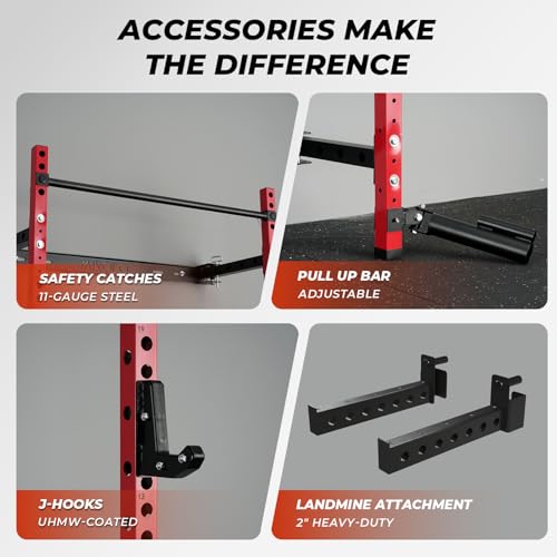 Mikolo 2" x 2" Folding Wall Mounted Squat Rack, 1000 Pounds Capacity Power Rack with Pull Up Bar, J Hooks and Other Attachments, Space-Saving Home Gym - color: Red, style: Squat Rack with Safety Catches