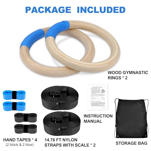ZILLEEN Wooden Gymnastics Rings 1.25" Olympic Rings with Adjustable Straps for Pull Up Bar Exercise Men Gym Kids
