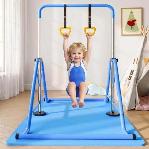 Expandable Gymnastics Bars 45''-61'' with Side Support Bars for Kids - color: Blue with rings and mat